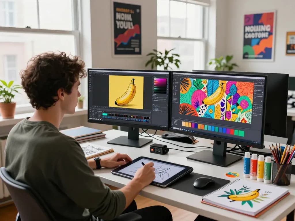 Digital artist using nano banana 2 for creative visual editing in a vibrant studio setting.