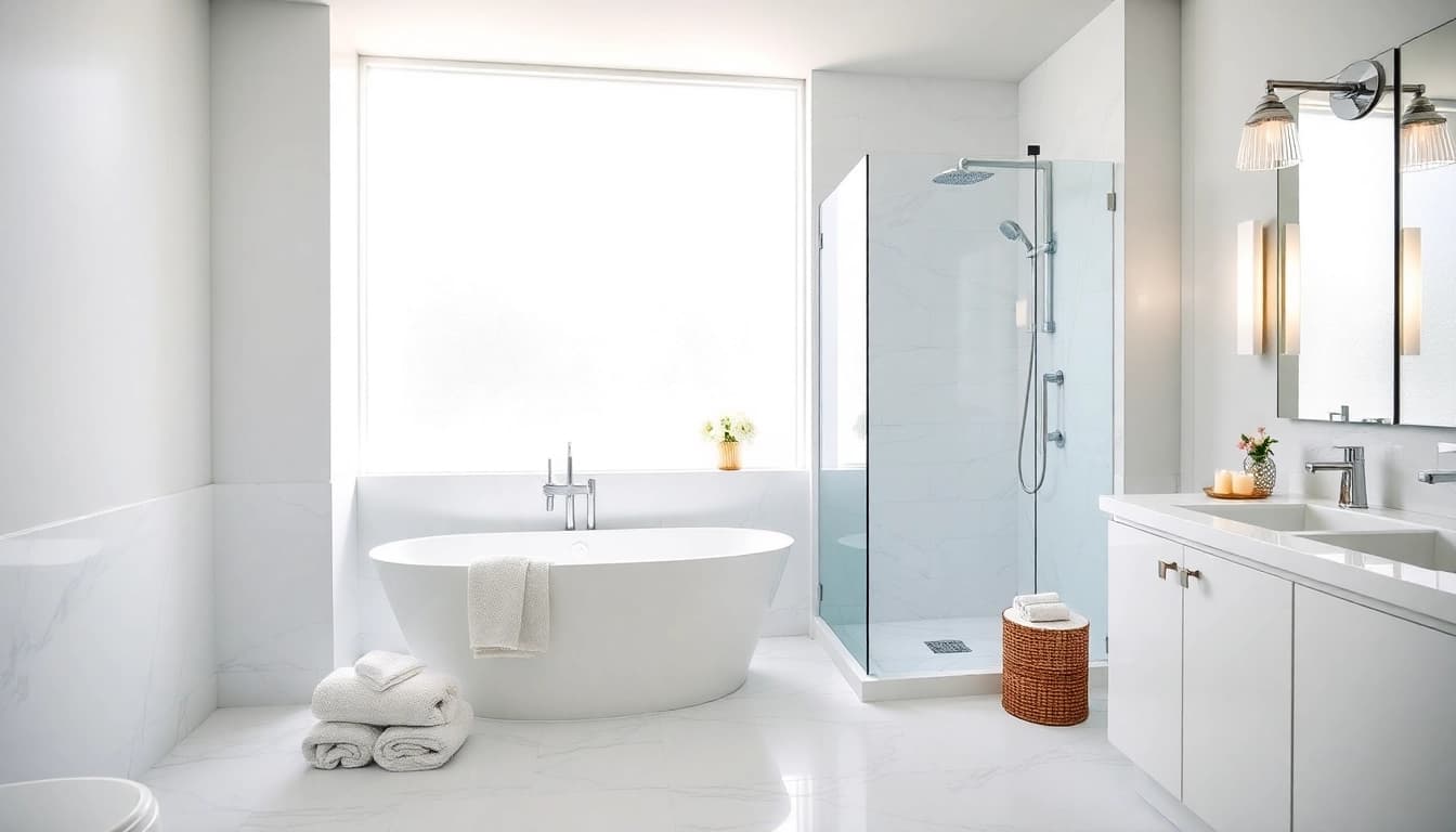 Elegant modern bathroom fitted by Bathroom Fitters with a luxurious tub and fixtures.