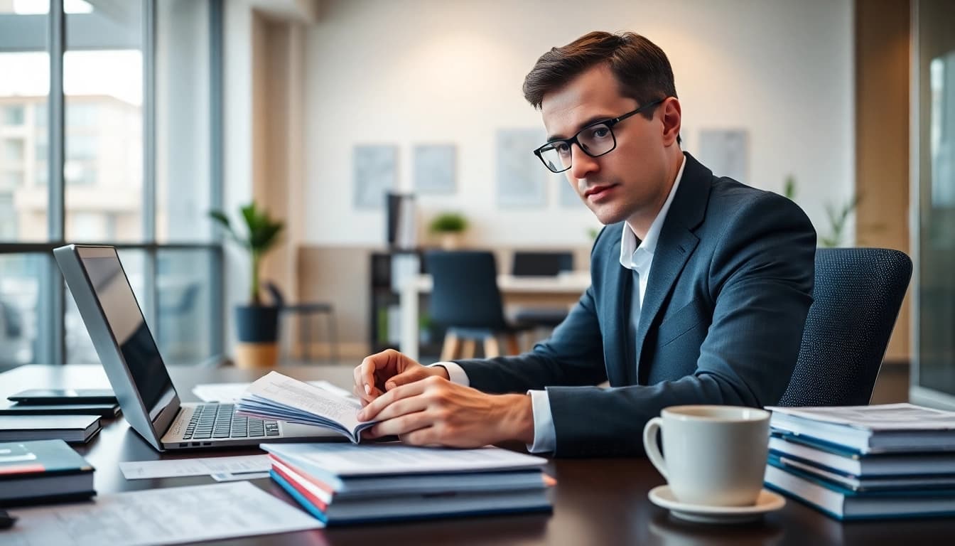 Professional certified translator engaged in translating documents in a modern office setting.
