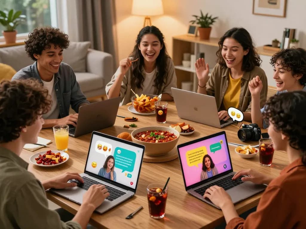 Engaging spicy chat scene among friends using devices, lively conversation.