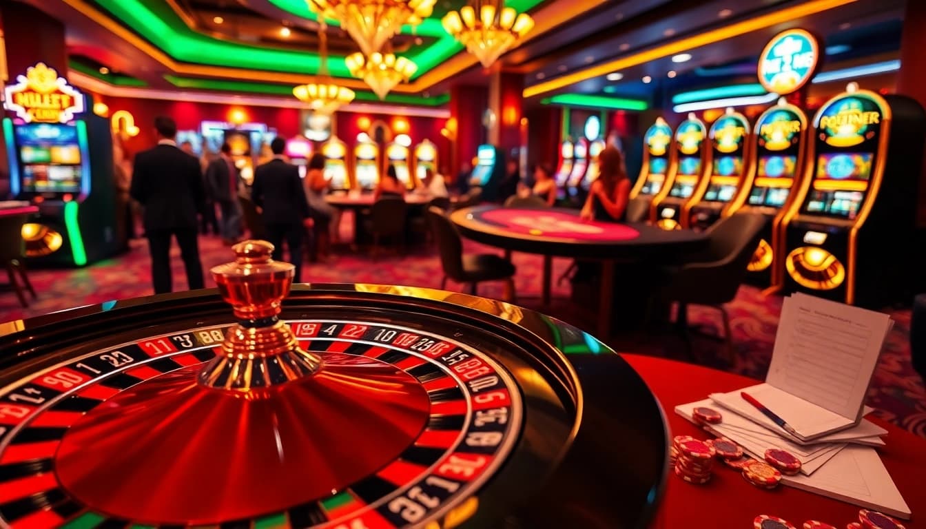 KJC AC 3 showcases a thrilling casino atmosphere with players at poker and roulette tables, immersed in gambling excitement.
