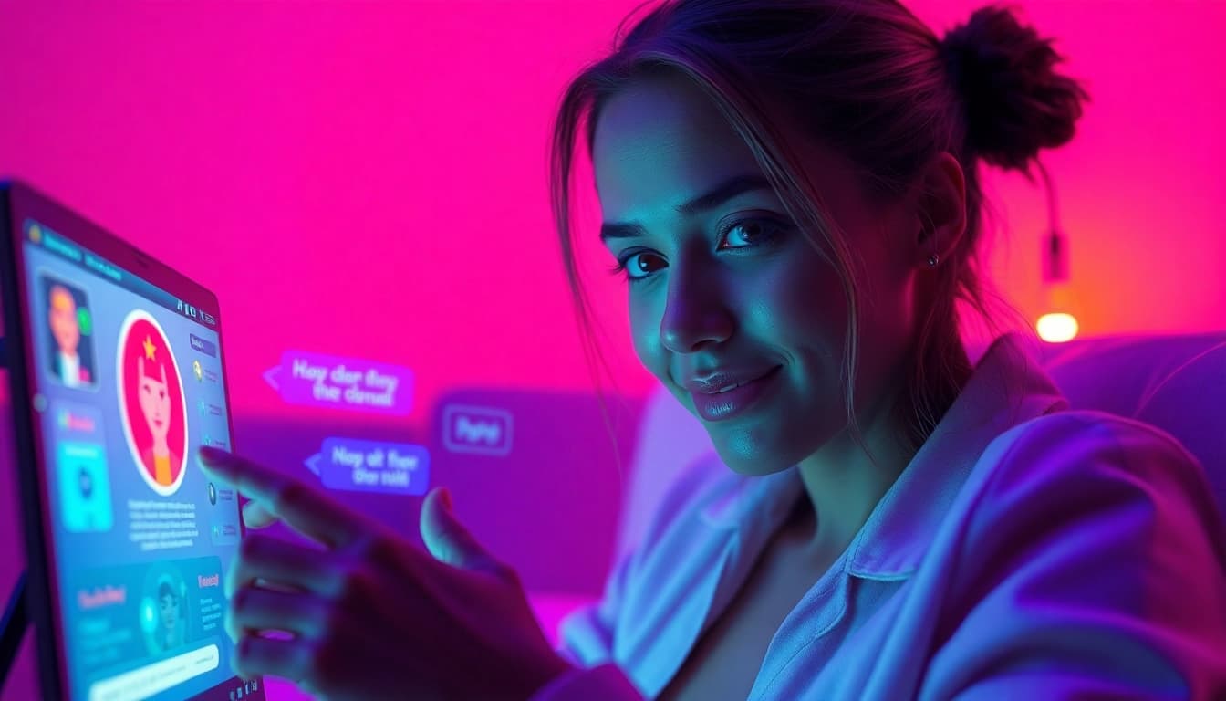 Engaging user in intimate NSFW AI chat with futuristic interface showing dynamic conversation flow.
