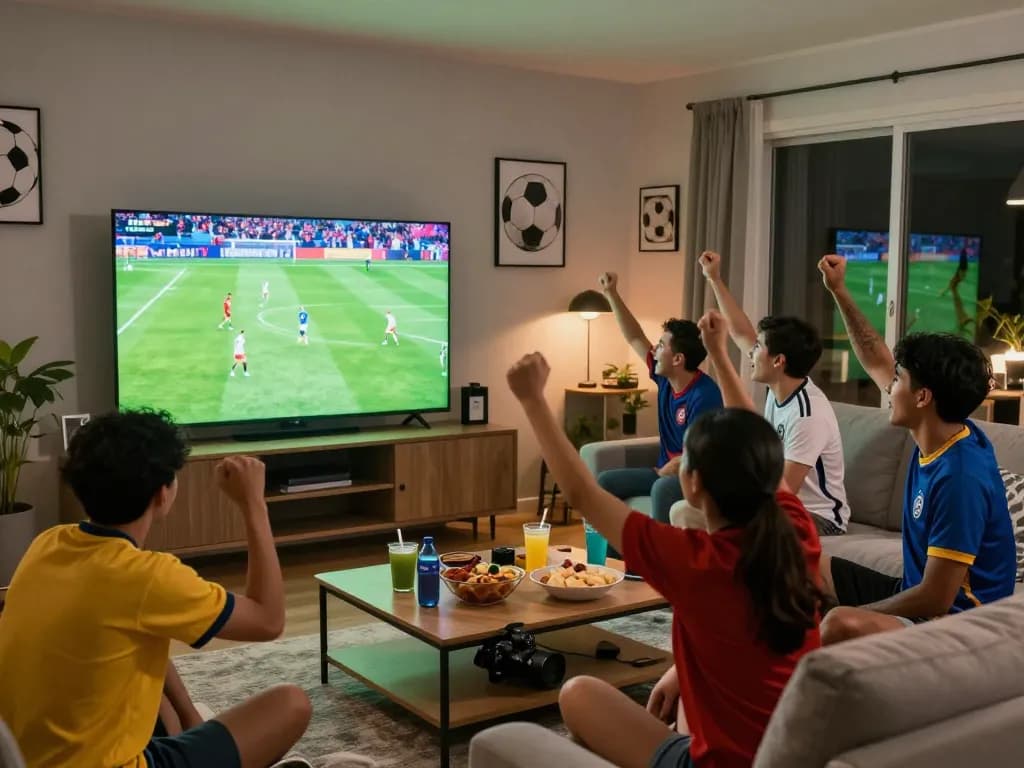 Cà Khịa TV fans celebrating soccer match in an enthusiastic living room setting