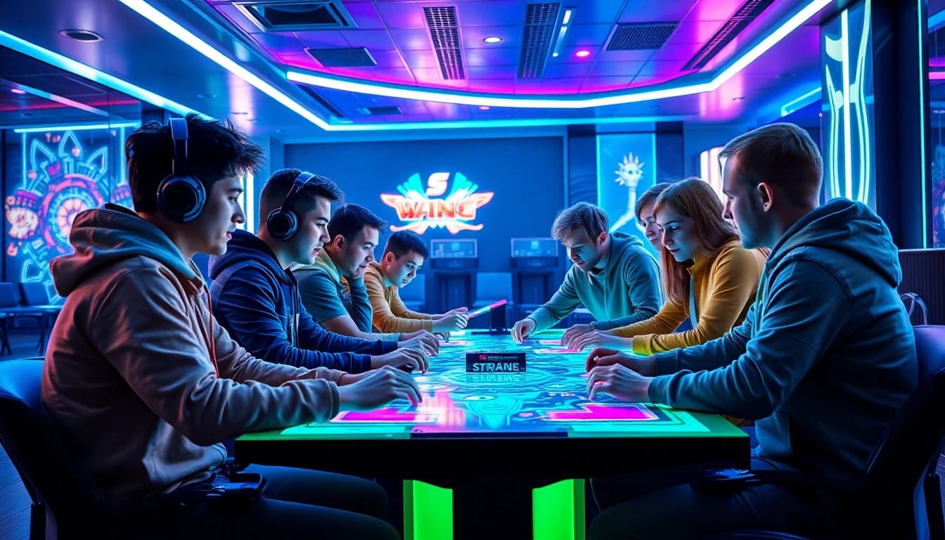Engaged players at a futuristic gaming table representing a leading uk gaming company.