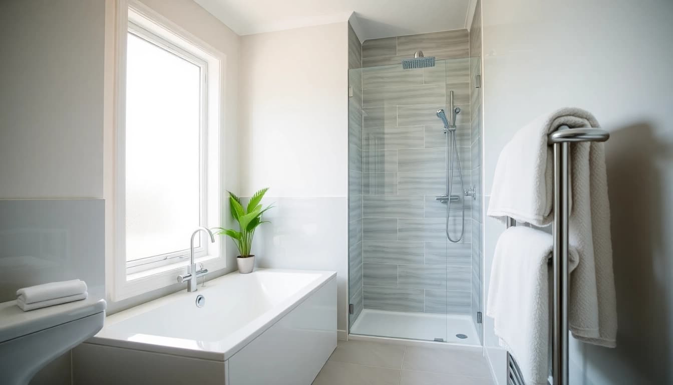 Professional bathroom fitters creating a modern, serene bathroom oasis with stylish fixtures and natural light.