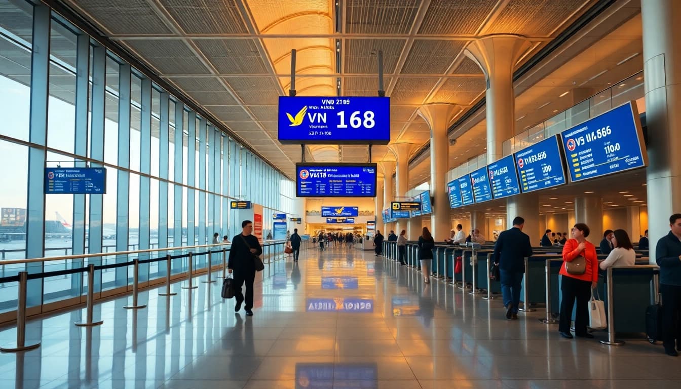 VN168 flight status update at a bustling airport terminal, showcasing travelers and digital displays.