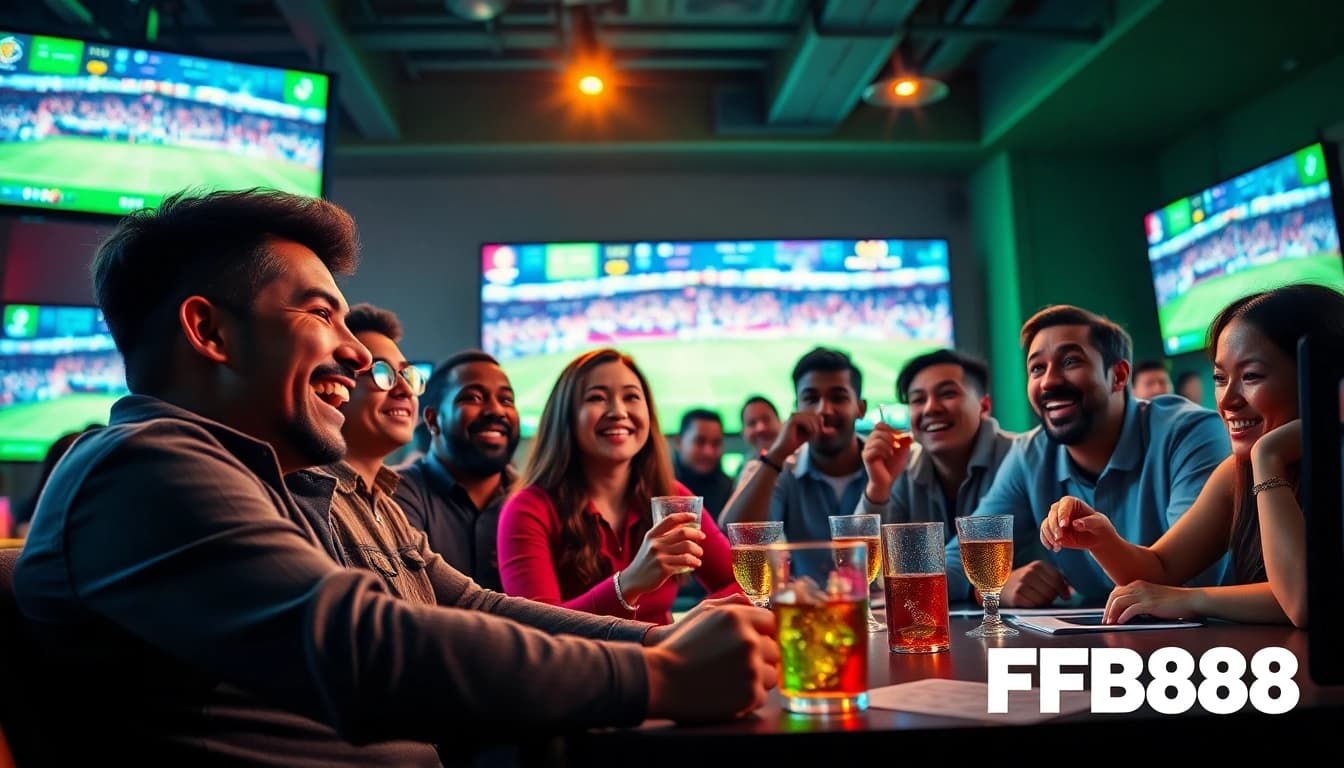 Excited bettors engaging with the FB88 online sports betting experience, surrounded by screens showing live games.
