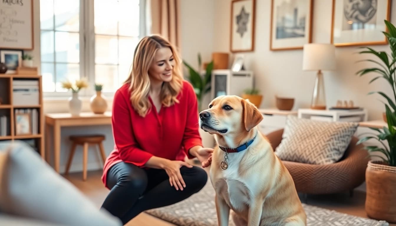 Sydney Psychologist providing a therapy session with a comforting therapy dog in a tranquil office.