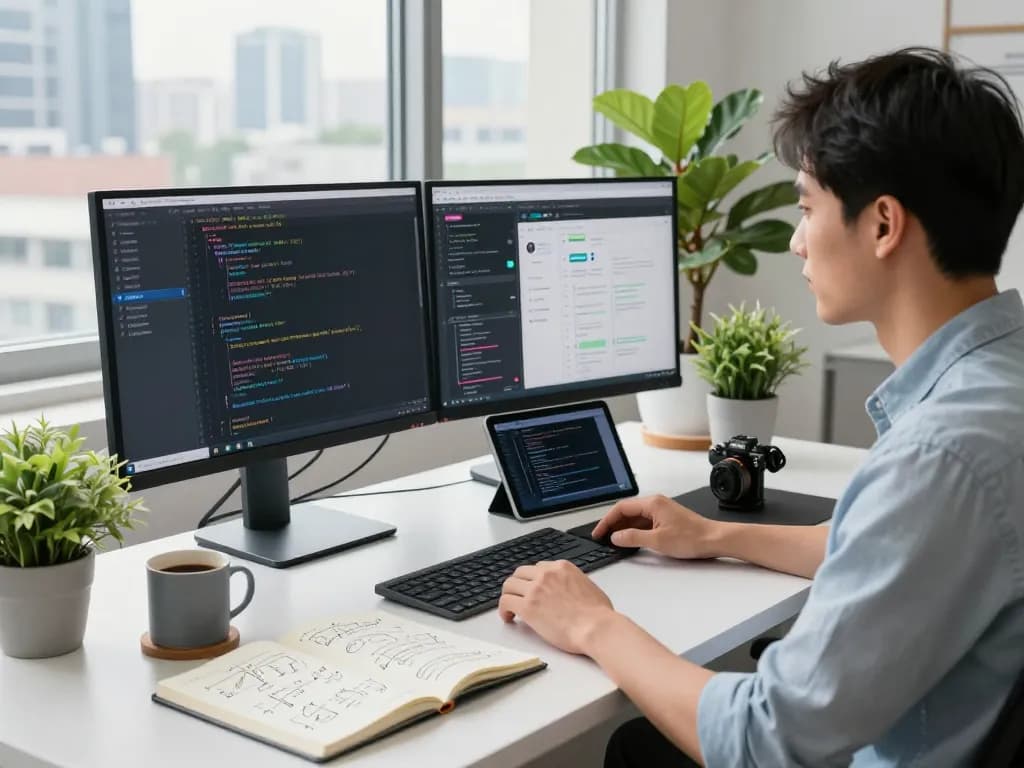 Developer utilizing open claw technology in a modern workspace with dual monitors and AI code.