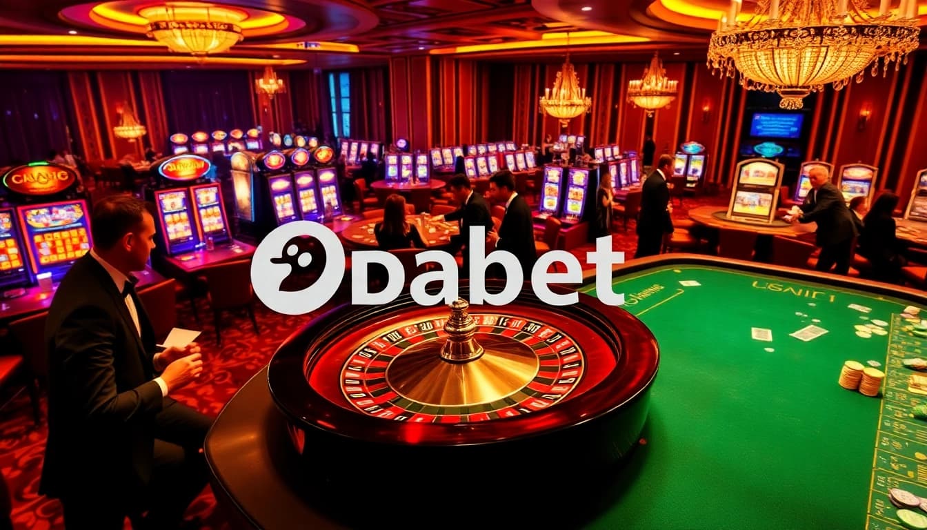 Dabet casino scene featuring players at roulette and slot machines, showcasing excitement and gaming action.