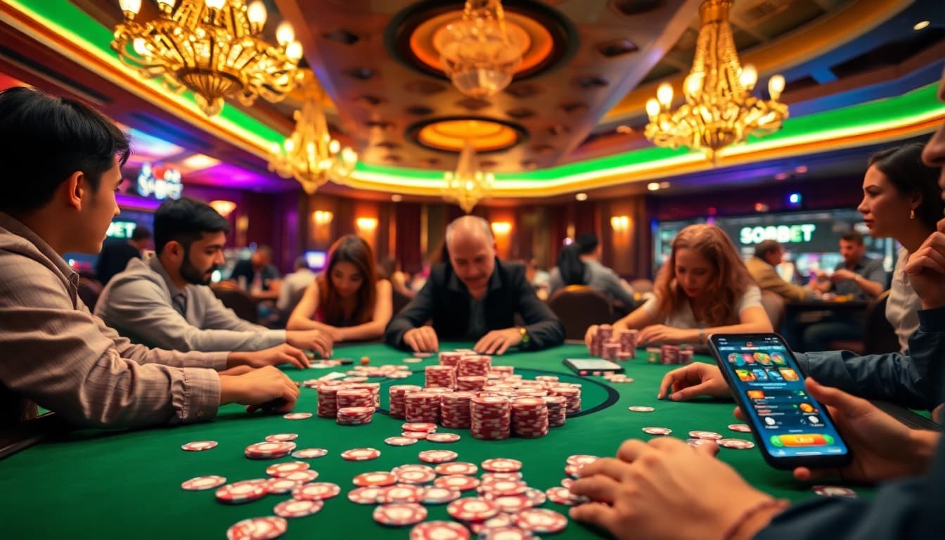 SboBet's exhilarating poker game scene at a plush casino table, featuring vibrant chips and engaged players.