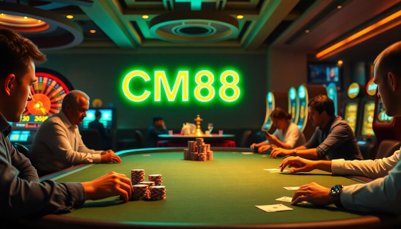 Experience the thrill of poker at CM88 Casino, with players, chips, and cards in action.