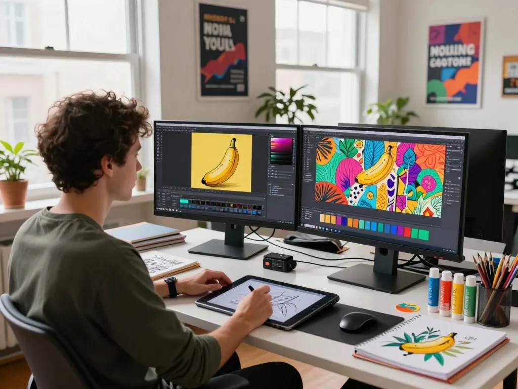 Digital artist using nano banana 2 for creative visual editing in a vibrant studio setting.