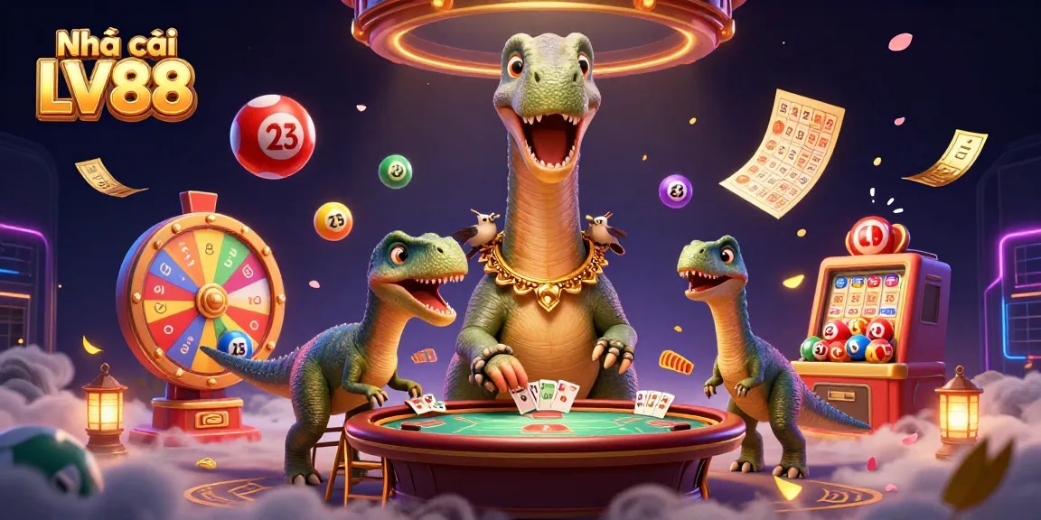 Experience excitement at Nhà cái LV88 with a lively 3D scene featuring dynamic card dealing and lottery elements.