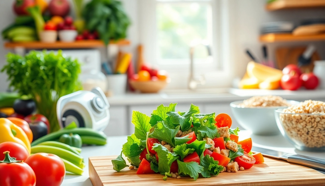 Showcase an assortment of Healthy Food ingredients, fresh vegetables, and vibrant fruit in a sunny kitchen setting.
