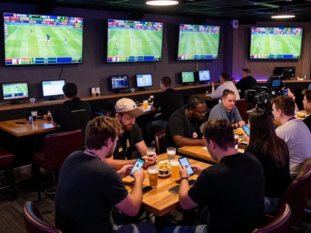 Betting enthusiasts engaging with Net88 sports betting environment featuring live screens and social interaction