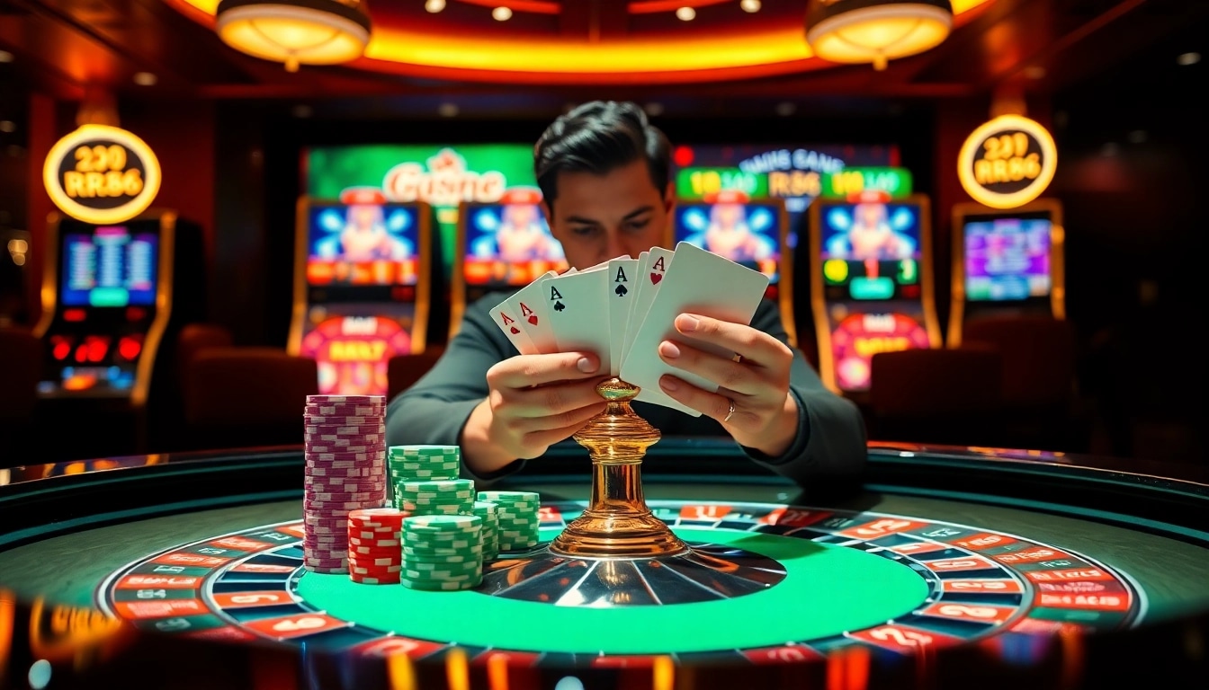 Experience the thrill of gambling with RR88 at an elegant casino table surrounded by vibrant poker chips.