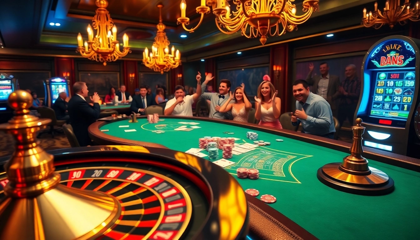 Experience the thrill of luckywin at a vibrant casino, celebrating wins at tables with lively players.