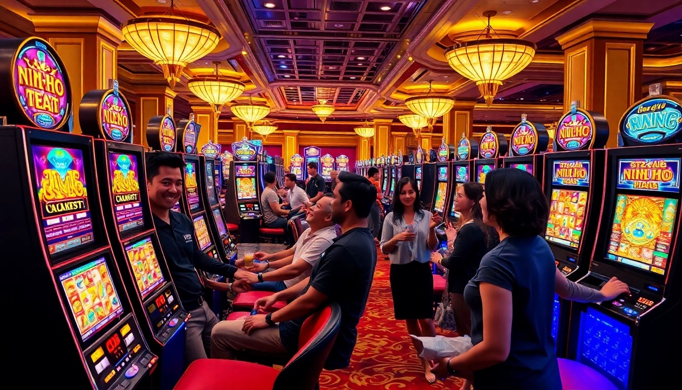 Players enjoying nổ hũ gameplay at a vibrant casino, showcasing slot machines and excitement.