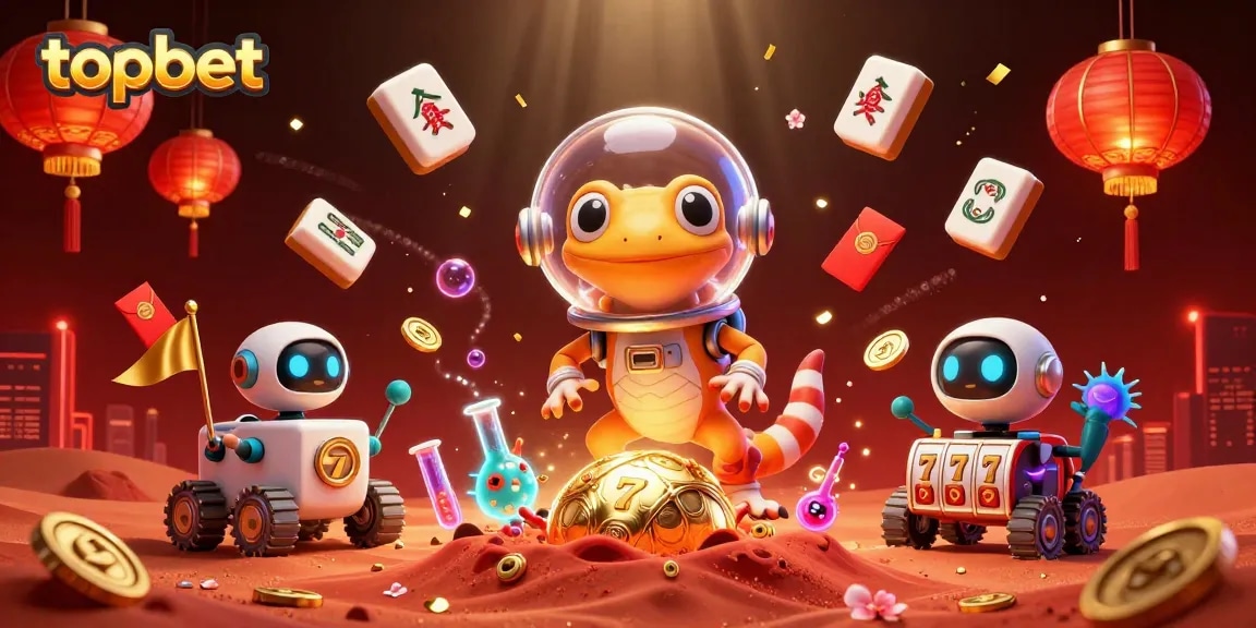Experience topbet with a vibrant 3D casino illustration featuring lucky symbols and a Martian gecko.