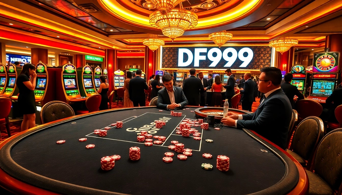 Glamorous casino scene highlighting DF999 poker excitement with vibrant chips and elegant atmosphere.