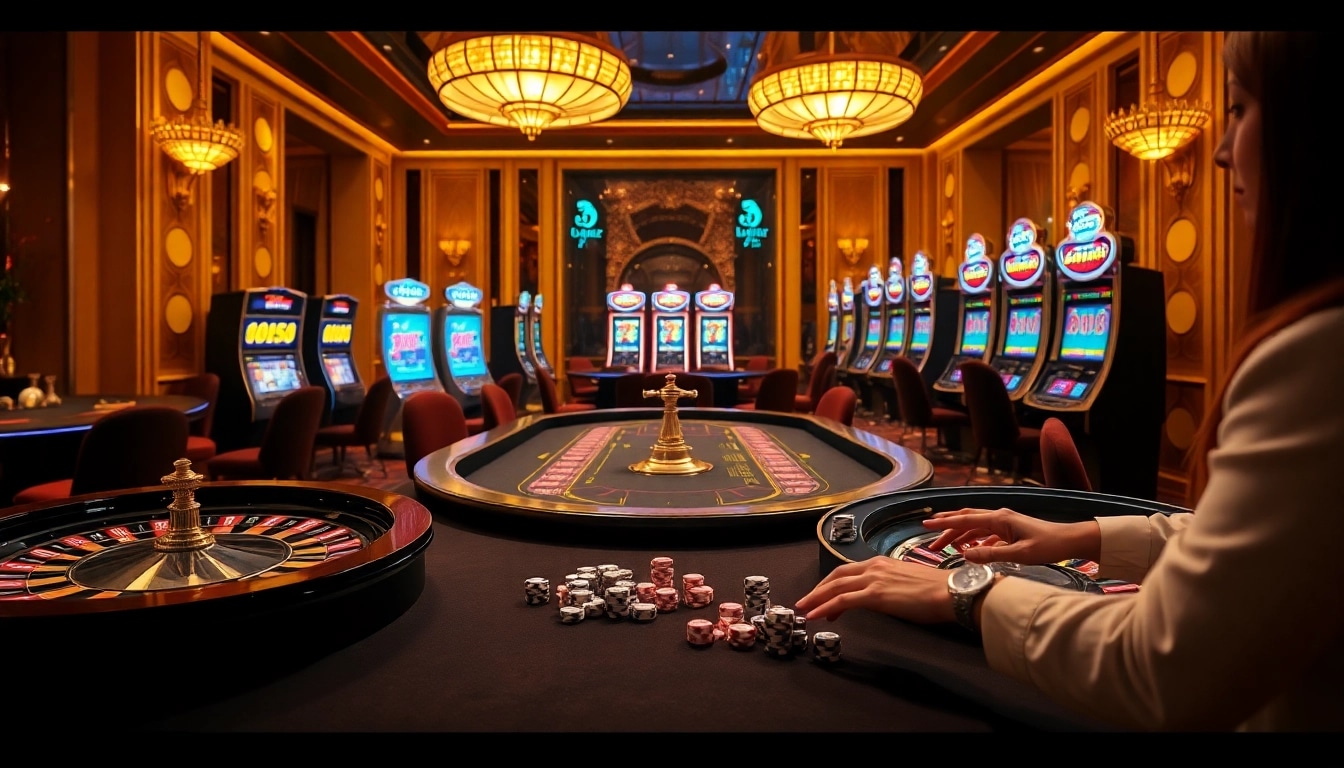 Exciting gambling scene at https://mm88.sh/ featuring roulette and vibrant slot machines.