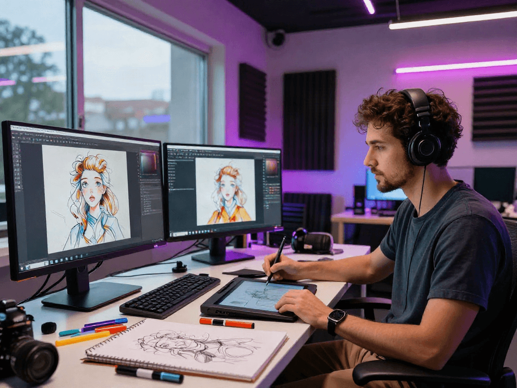 AI NSFW artist showcasing creative digital work in a vibrant studio.