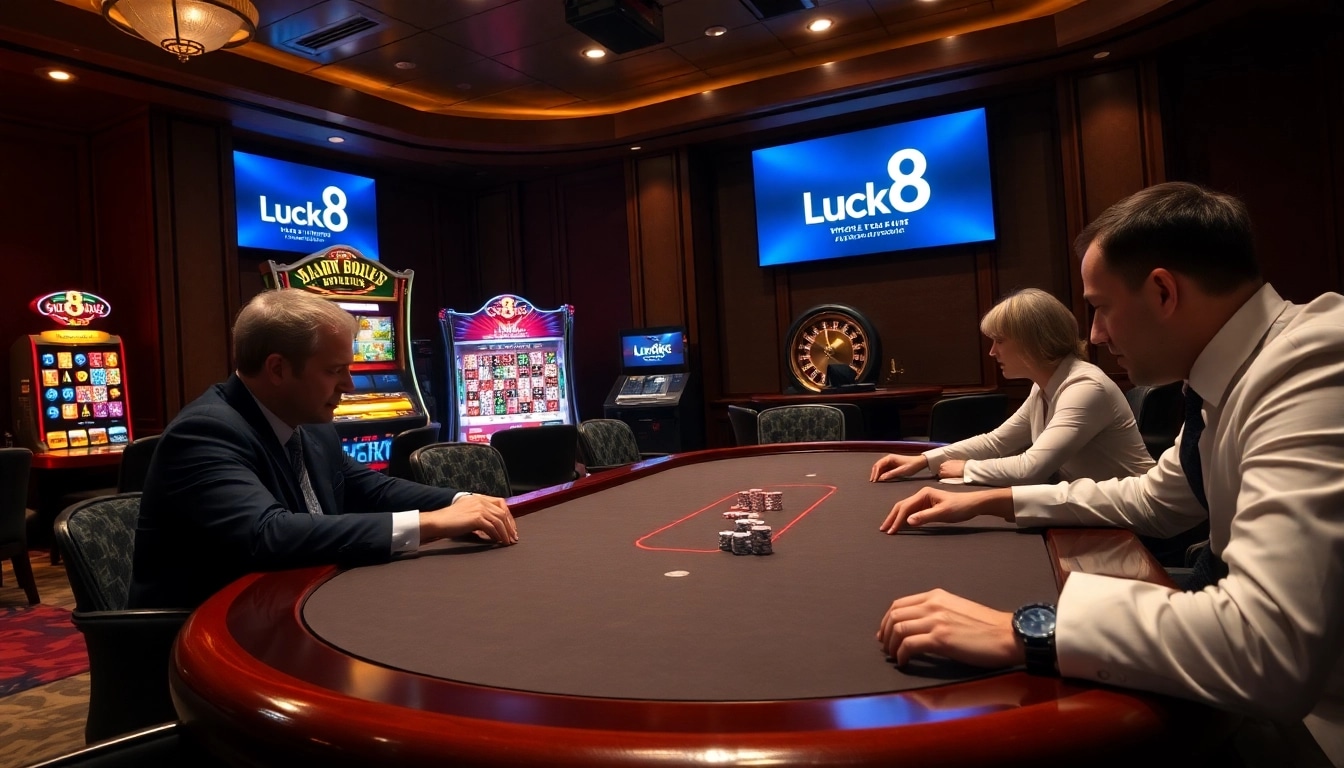 Luck8 poker players enjoying a high-stakes game at an elegant casino table.
