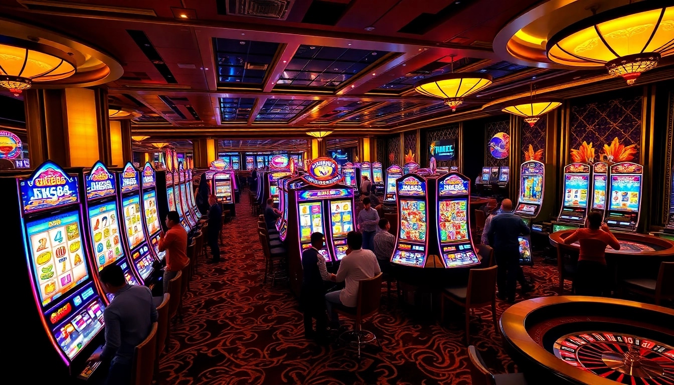 Players enjoying the NK88 Slot at a vibrant casino, highlighting excitement and luxury.