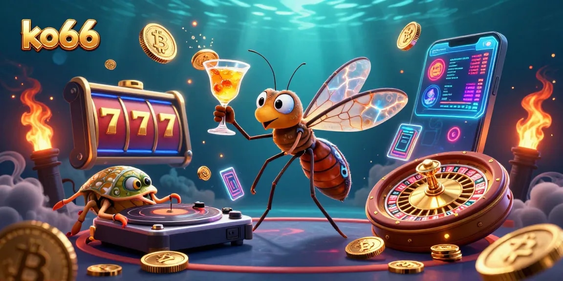 Experience the vibrant world of ko66 as a mosquito mascot brings luck while gambling at a neon casino.