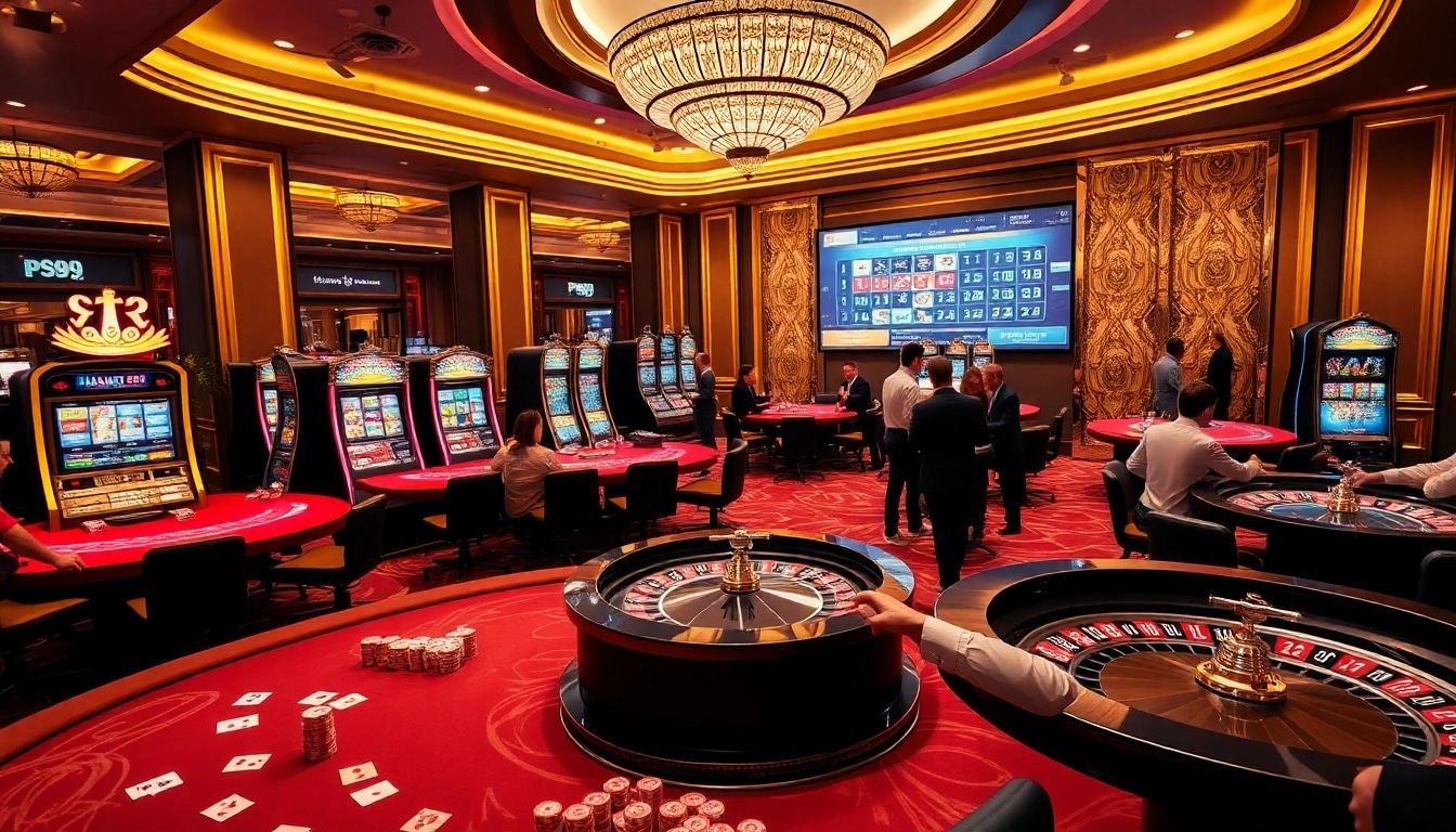 Experience the excitement of trang chủ PS99 in a vibrant casino scene with gaming tables and slot machines.