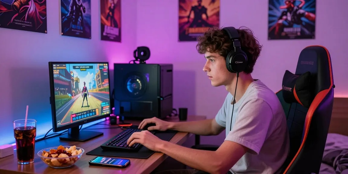 Engaged player enjoying a real porn game in a cozy gaming setup.