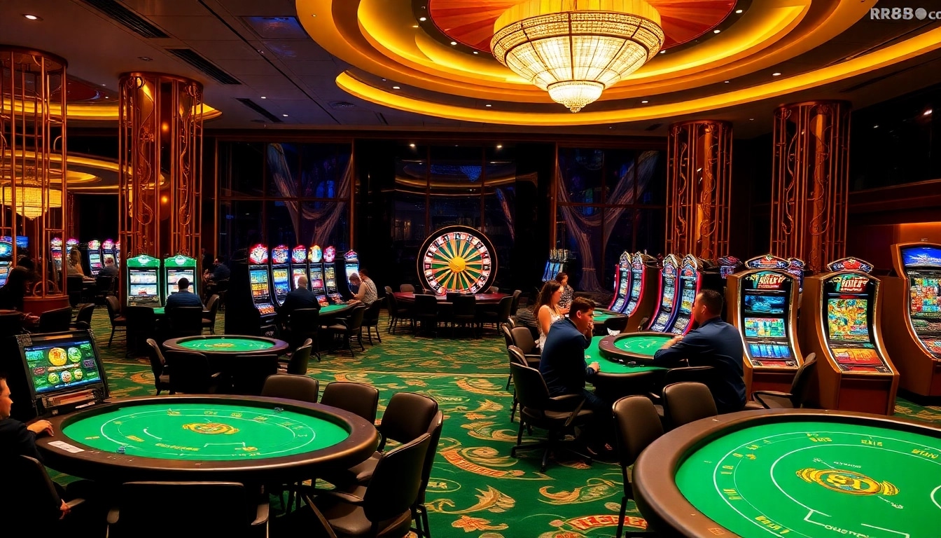 Players enjoying various games at a luxurious casino, representing rr88 com's exciting gambling experience.