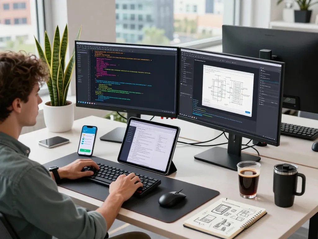 Developer coding in tech workspace emphasizing open claw AI software on dual monitors and laptop.