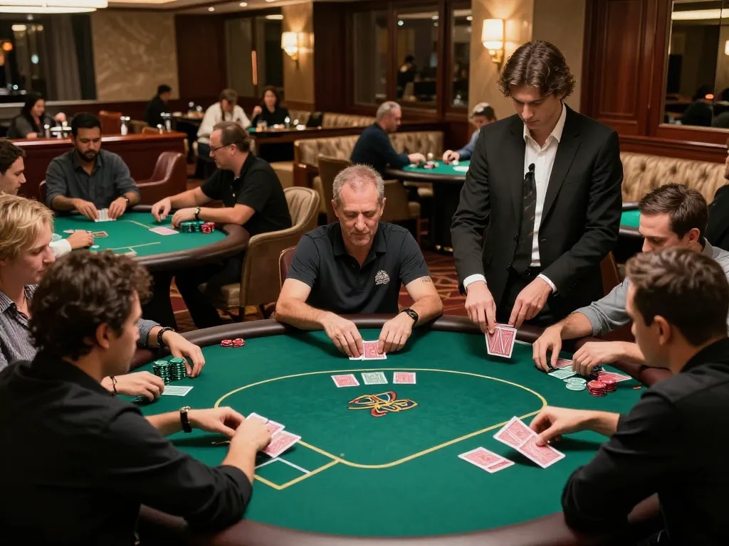 kk55 players engaged at an upscale poker table in a vibrant casino atmosphere