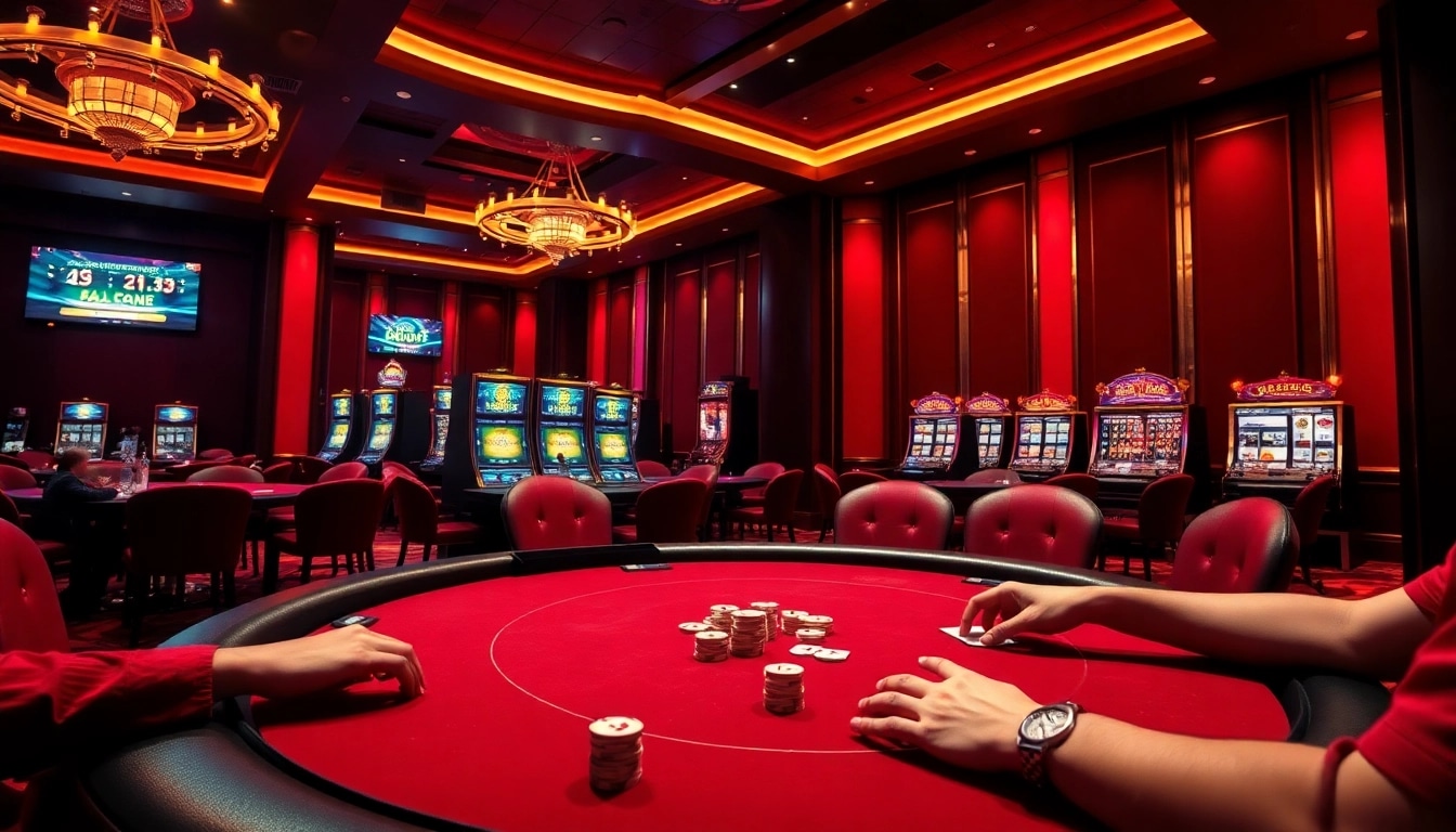 Players engaged in an exciting poker game at Lc88 casino, showcasing vibrant colors and luxury.