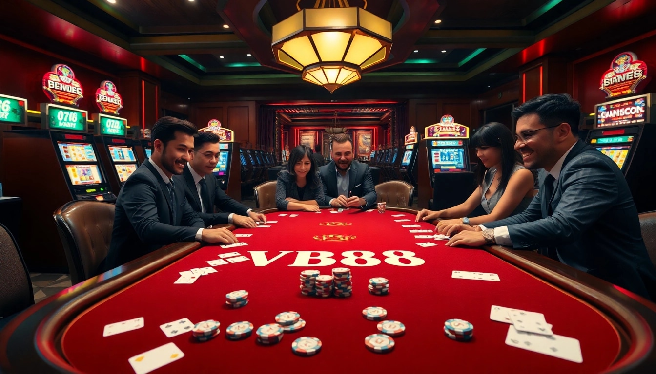 Players enjoying an exciting game at the VB88 poker table in a vibrant casino setting.