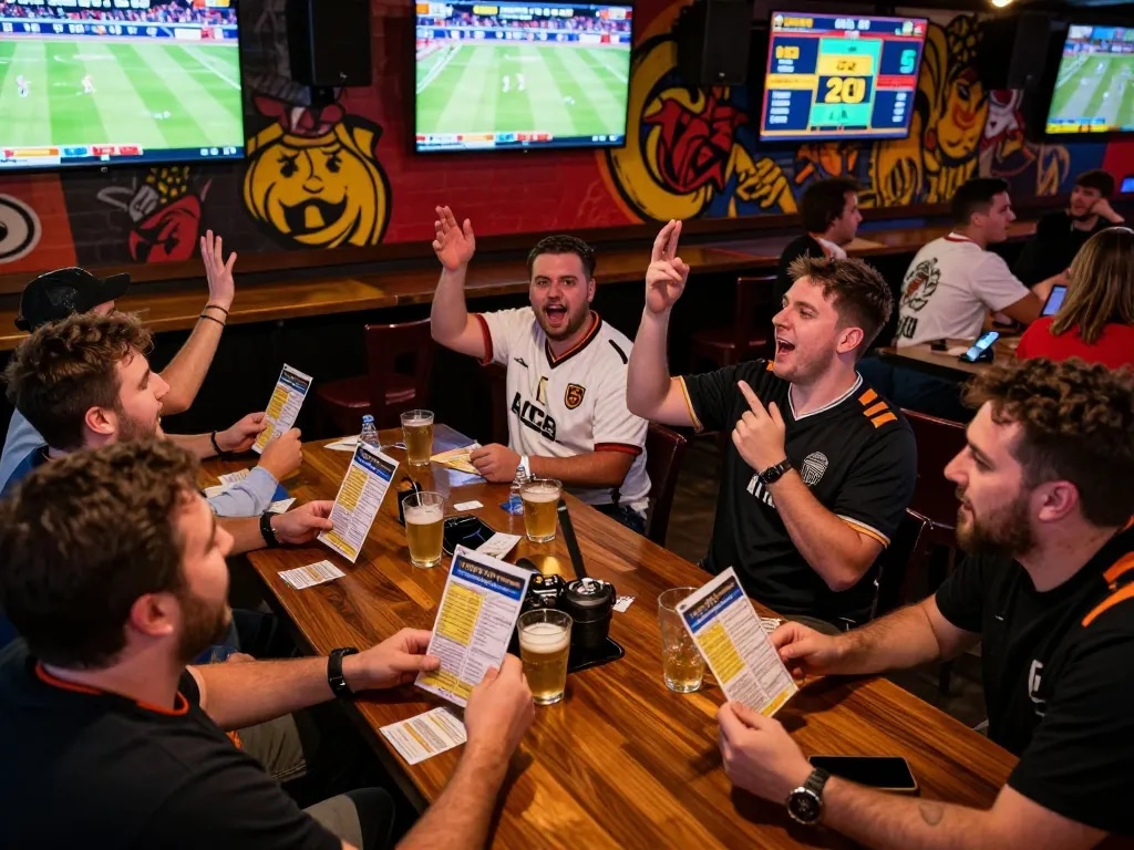 Sports fans placing bets on 86bet during a live game, enjoying the vibrant atmosphere.