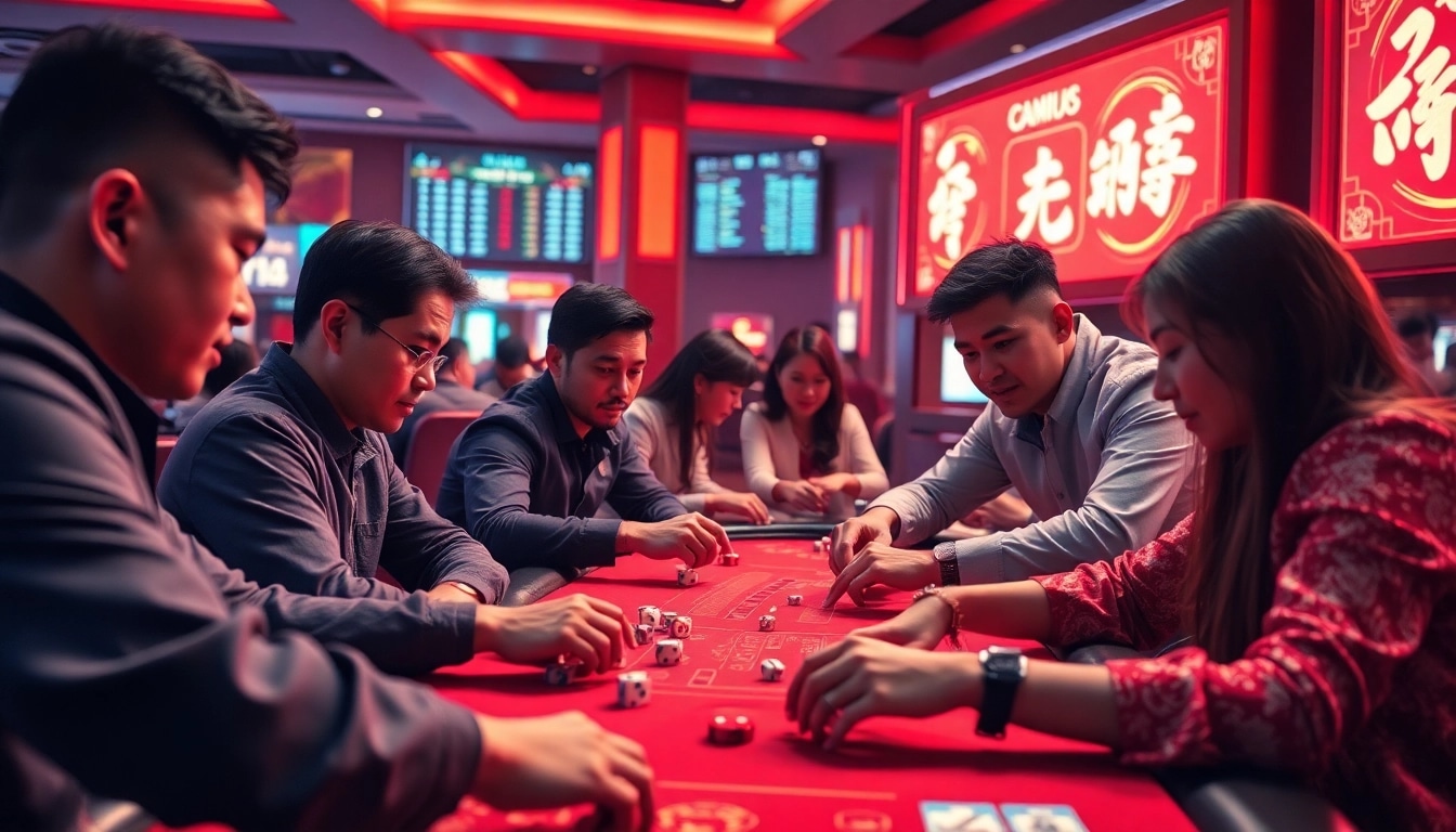 Engaged players intensely immersed in a fast-paced tai xiu game within a modern casino environment.
