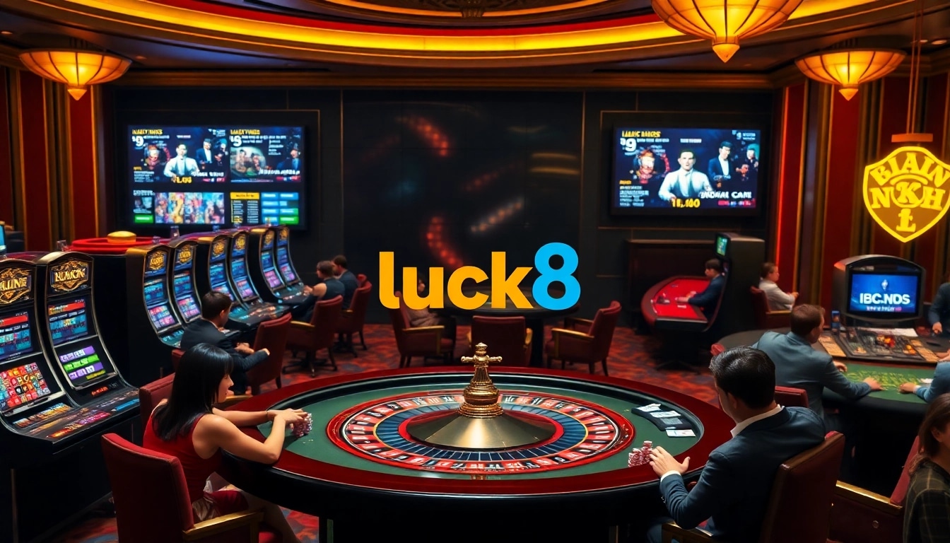 Luck8 logo shining above an elegant roulette table in a vibrant casino scene.