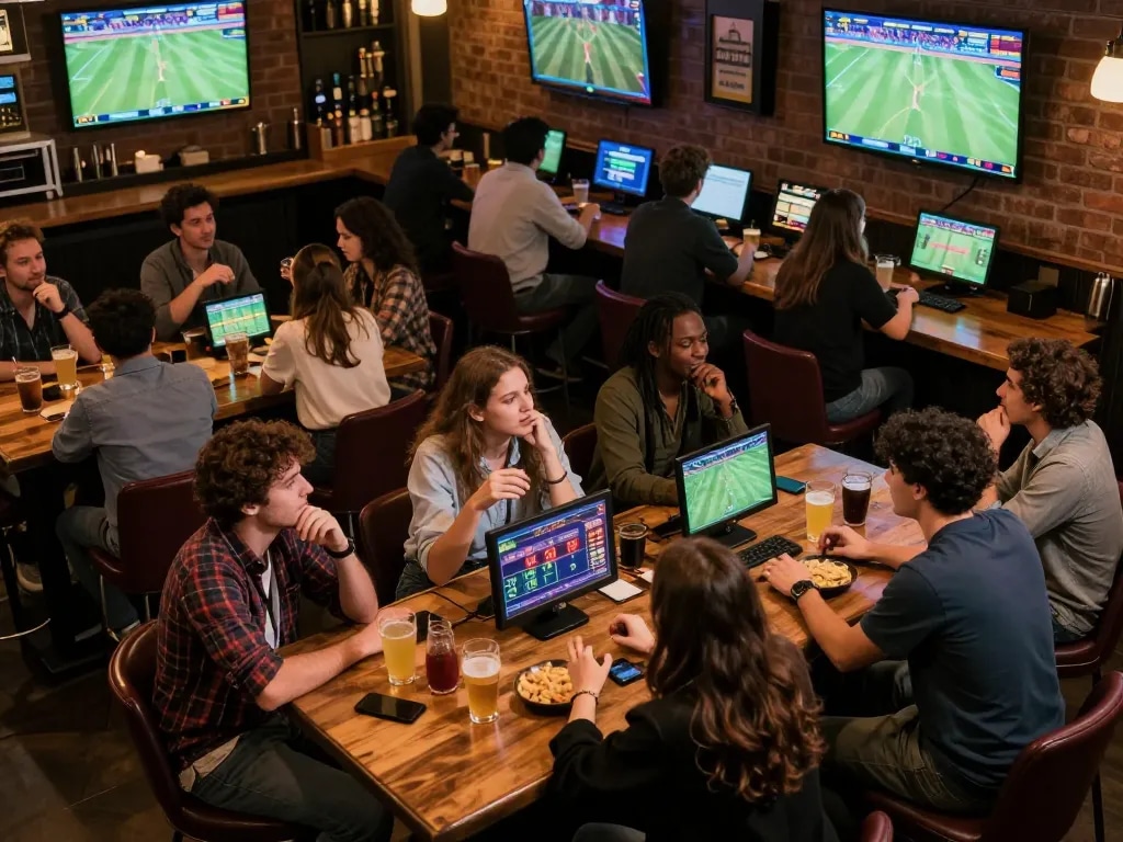 Excited friends strategizing at sports betting event at nhà cái luck8 with live games displayed.