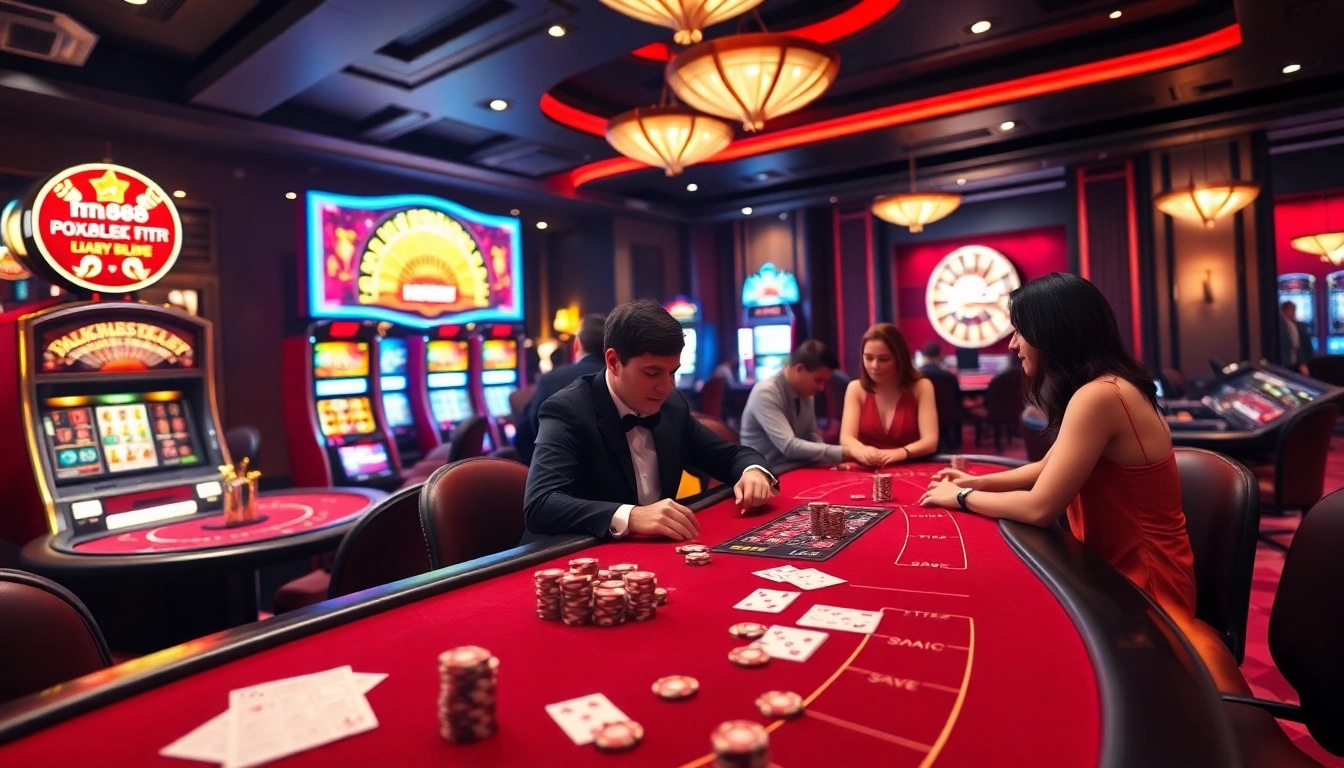 Exciting poker game at https://mm88.agency/ showcasing vibrant casino elements and luxury atmosphere.
