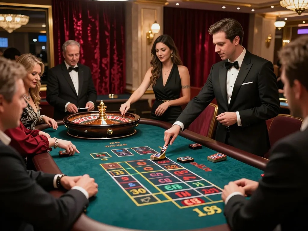 Live dealer scene at 678vip with players placing bets at a roulette table, showcasing a thrilling casino atmosphere.