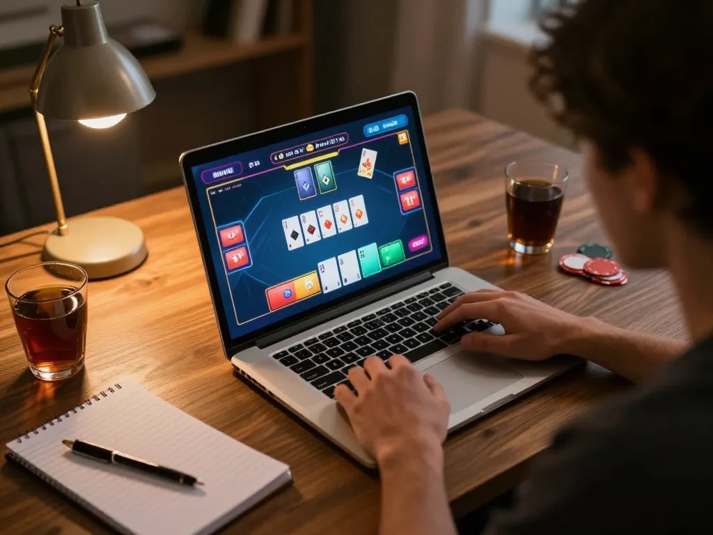 Player strategizing gameplay on bem88 poker app in a cozy home environment