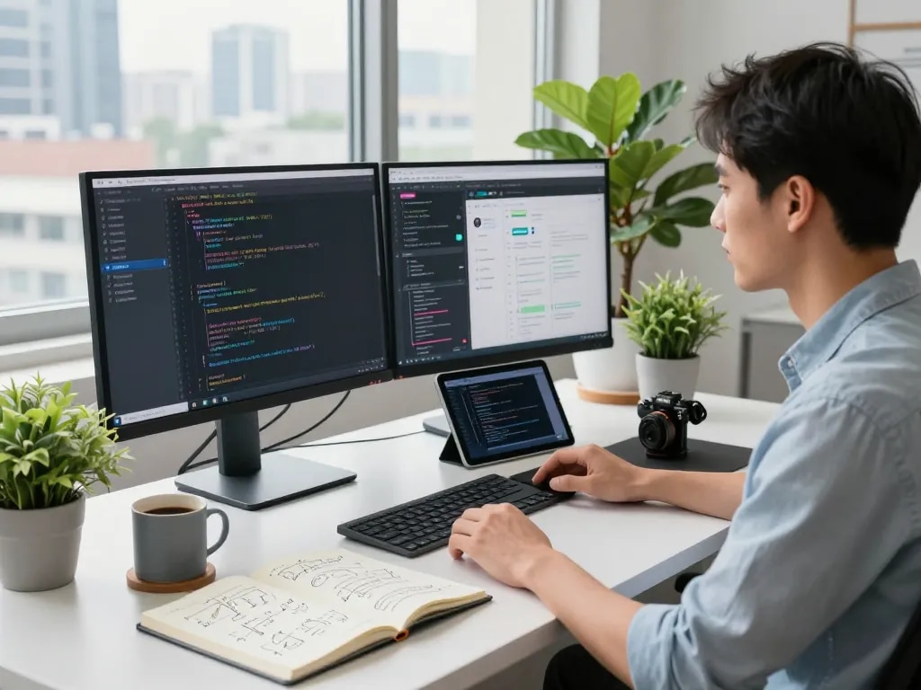 Developer utilizing open claw technology in a modern workspace with dual monitors and AI code.