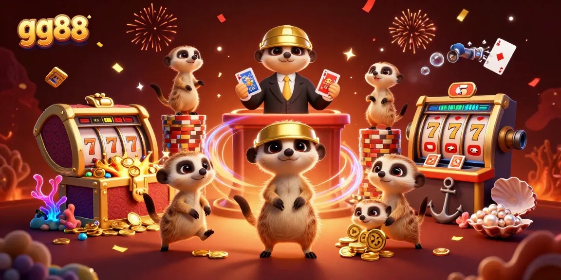 Experience winning strategies at gg88 with meerkats operating a lively casino in this vibrant illustration.
