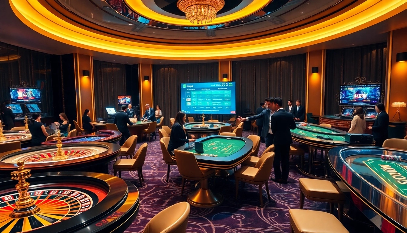 Exciting casino gaming scene showcasing nhà cái PS99 with vibrant tables, poker chips, and engaging players.