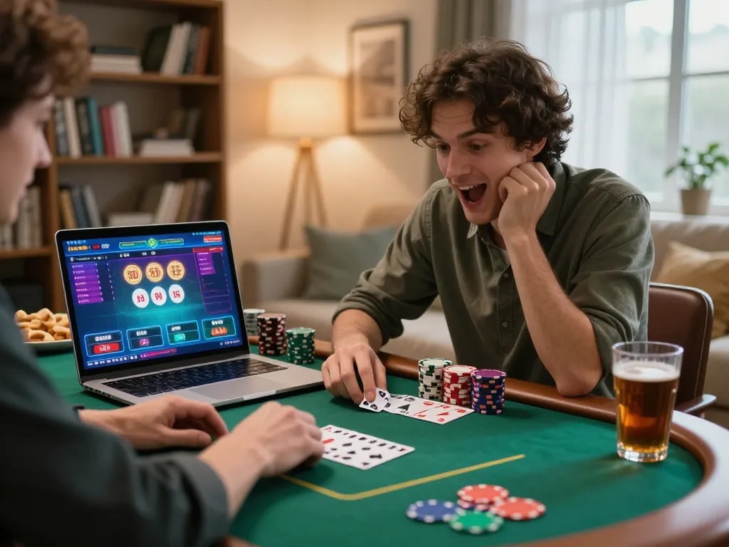 Engaged player enjoying poker on 8kbet's online casino platform, cozy home atmosphere.