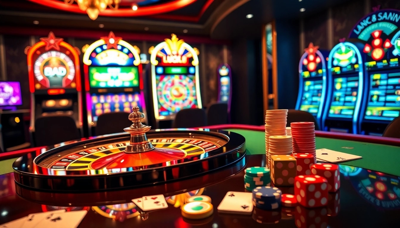 Cảnh casino LUCK8 với bàn roulette, máy đánh bạc đang phát sáng và các quân bài poker.