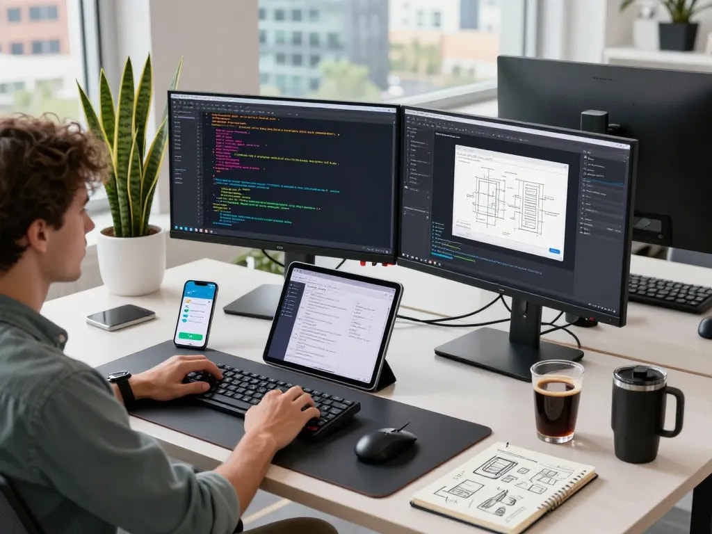 Developer coding in tech workspace emphasizing open claw AI software on dual monitors and laptop.